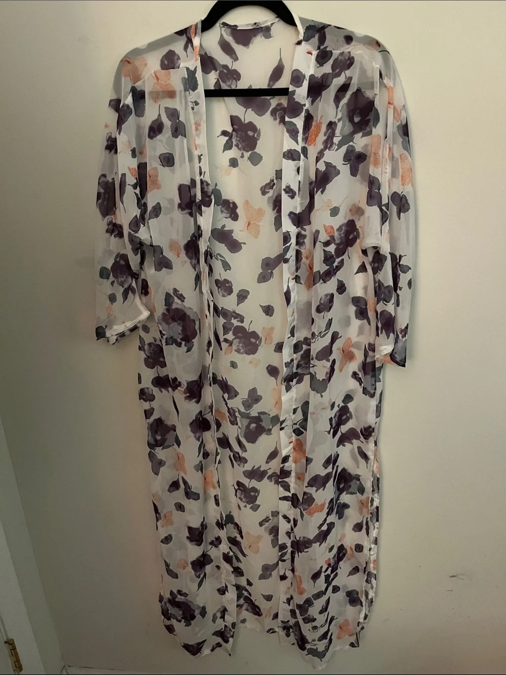 Floral Sheer Long Kimono Robe - White with Purple & Peach Floral One size